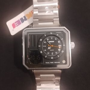 Skmei Dual Time Zone Digi-Ani, Quartz/Digital Silver Black Stainless Bracelet